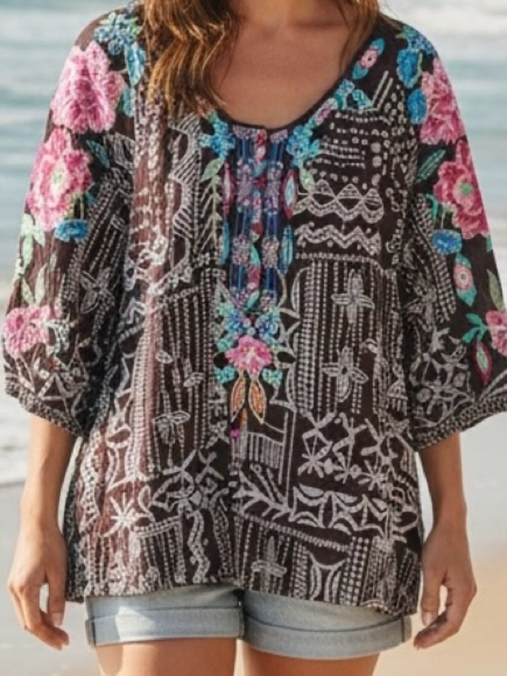 Johnny Was Brown Tunic with Pink and Blue Floral Embroidery